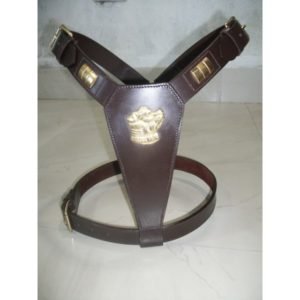 Metal Engraved Brown Leather Dog Harness