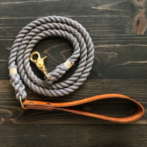 Grey Rope Dog Leash With Leather Handle