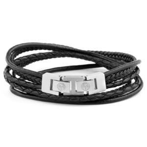 SINGLE LEATHER & STEEL WRAP ROY BLACK  BRACELET