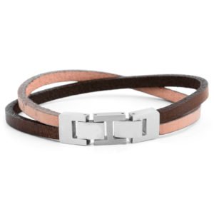 silver & Brown Leather Bracelet For Mens