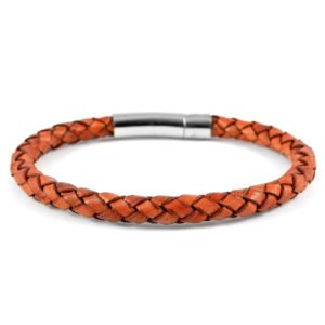 Leather Reddish Brown Braided Bracelet For Mens