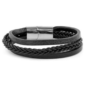 Stylish Braided & Wide Triple Layar Black Leather Bracelet