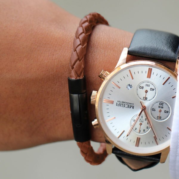 Black & Brown Braided Leather Bracelet For Mens - Image 2