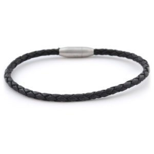 Braided Narrow Mens Black Leather Bracelet