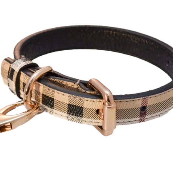 Camel Tartan Check Handmade Leather Dog Collar