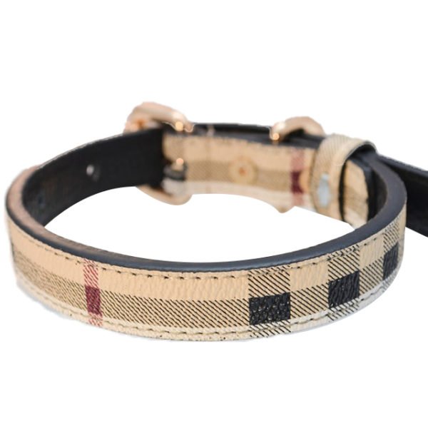 Camel Tartan Check Handmade Leather Dog Collar