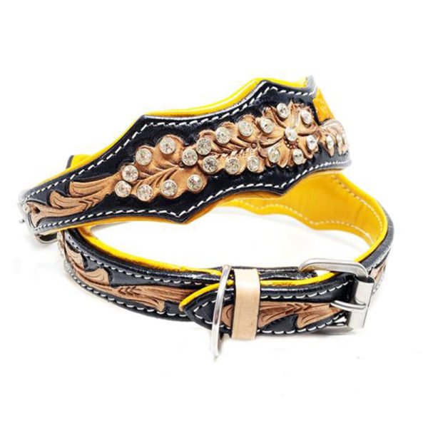 Decorative Jewelled Yellow Leather Dog Collar