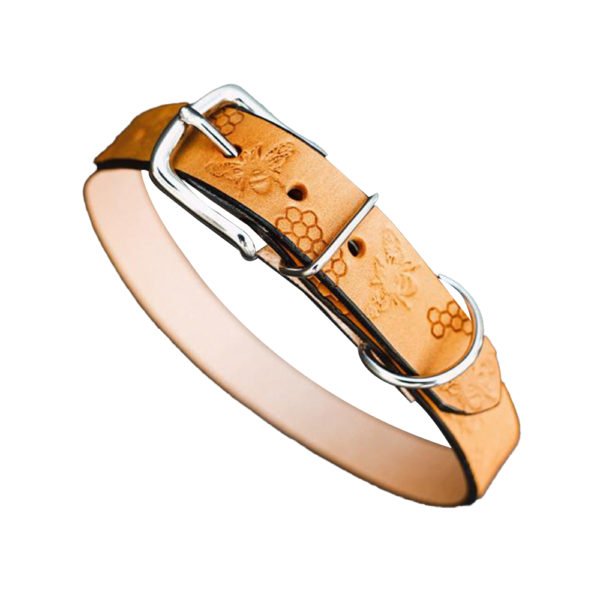 Honey Bee Honeycomb ID Nameplate Leather Dog Collar