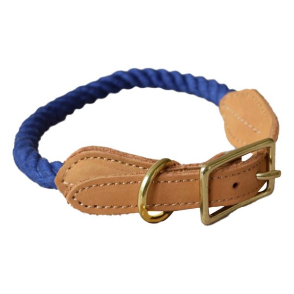 Cotton Rope Blue Dog Collar With Leather