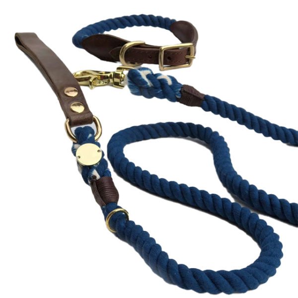 Dark Blue Cotton Rope With Leather Handle Leash & Collar Set