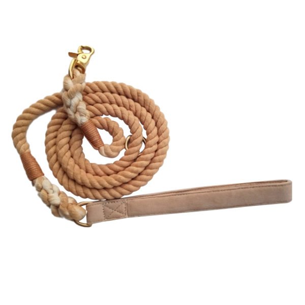 Brown Cotton Rope Dog Leash With Leather Handle