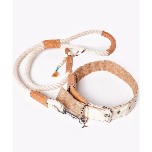 Cotton White Smooth Dog Collar & Leash Set