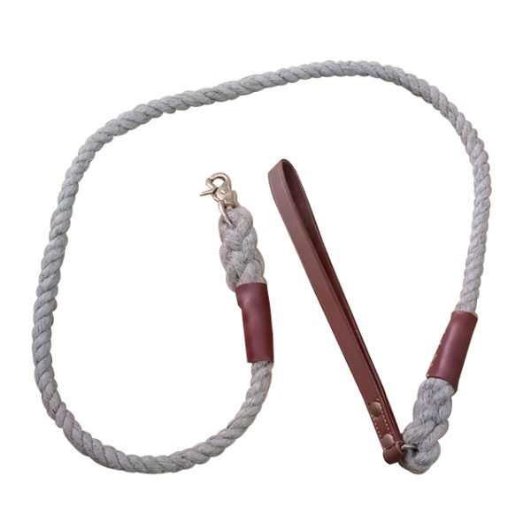Gray Rope Dog Leash With Brown Leather Handle