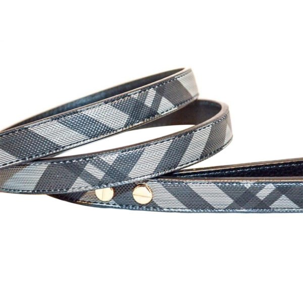 Gray Leather Stripe Pattern Leash Set