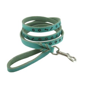 Bone & Paw Printed Long Green Leather Dog Leash