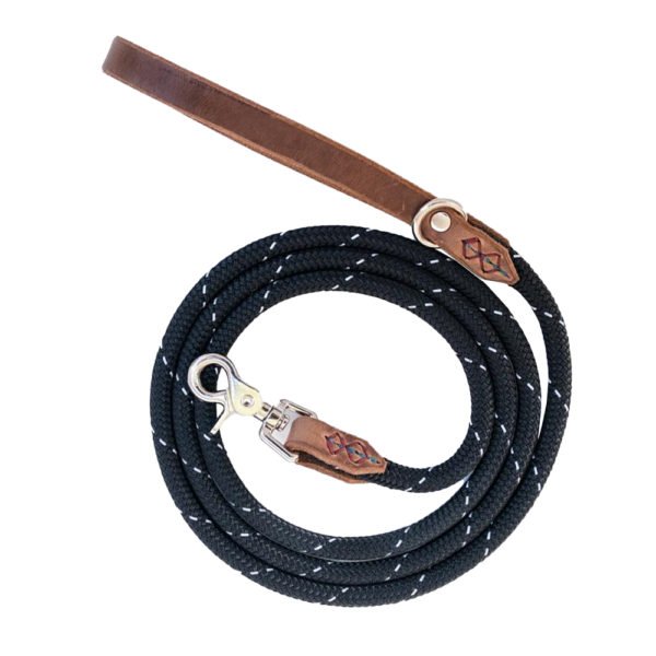 Brass Black Leather With White Spot Rope Dog Leash