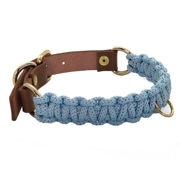 Light Blue Macrame Dog Collar & Leash With Leather Handle