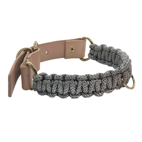 Gray Macrame Pet Dog Collar With Leather Buckle